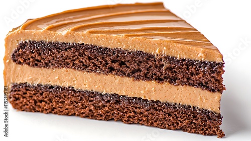 Delicious chocolate caramel cake slice, two layers, close-up.