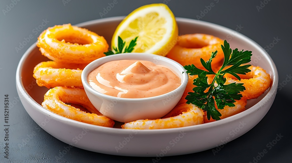 Crispy fried squid rings with creamy sauce and lemon. Crispy fried squid rings with creamy sauce and lemon.
