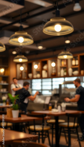 Blurred Coffee Shop or Cafe Restaurant Background with People, Chefs, and Waiters Working