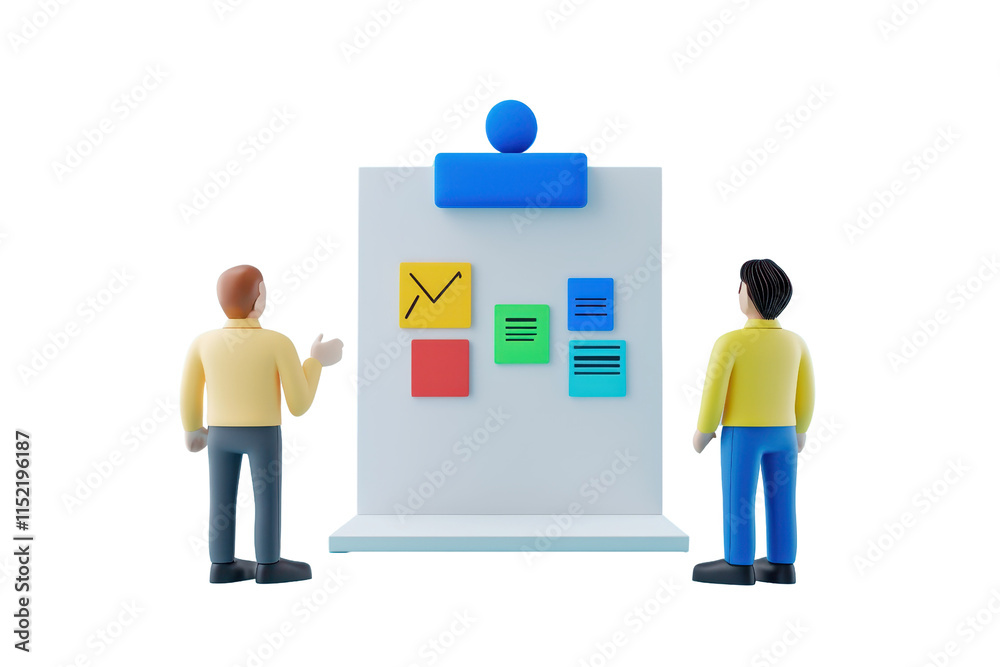 Two figures engage in a discussion while facing a presentation board displaying colorful notes and icons. Two figures engage in a discussion while facing a presentation board displaying colorful notes and icons.