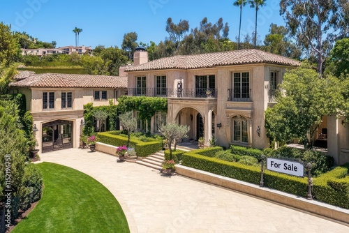 Elegant mansion for sale with lush greenery and a welcoming driveway.