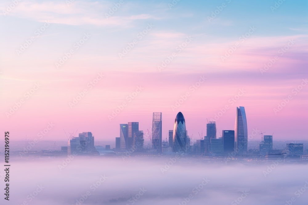 Fototapeta premium Misty city skyline a dreamy silhouette in pastel hues of soft pink and light blue