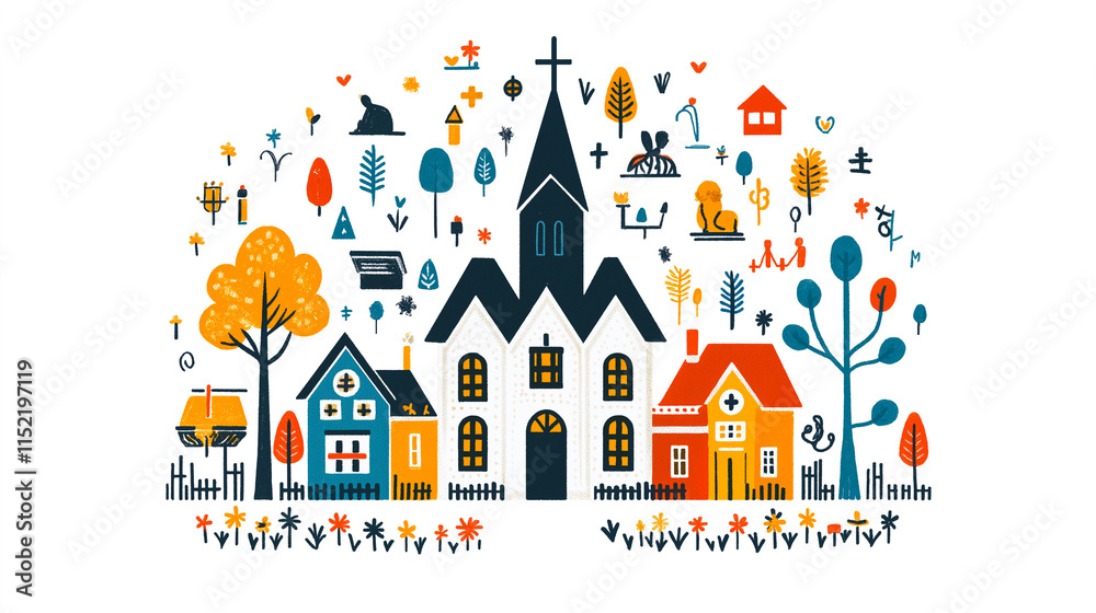 Obraz premium Digital illustration of a quaint village, with a central church and surrounding houses, all in a vibrant color palette and icons representing a peaceful community.