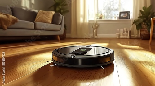 Photo of a Roomba X50 robot vacuum cleaner in action on a wooden floor, with a living room background.  photo