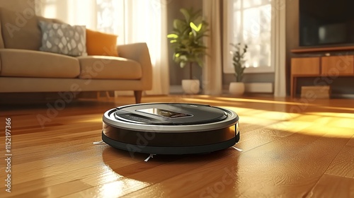 Photo of a Roomba X50 robot vacuum cleaner in action on a wooden floor, with a living room background.  photo