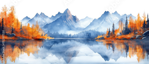 Serene Mountain Reflections: A captivating watercolor painting of a tranquil lake nestled amidst majestic mountains, their snowy peaks reaching for the sky.
