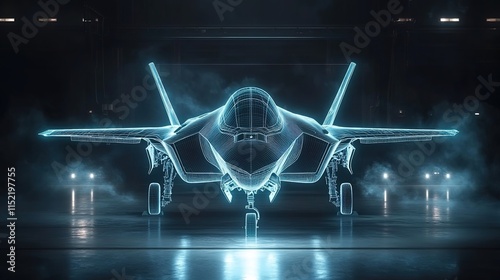 A sleek F-35 jet stands in the hangar, its wireframe hologram shimmering with glowing edges. 