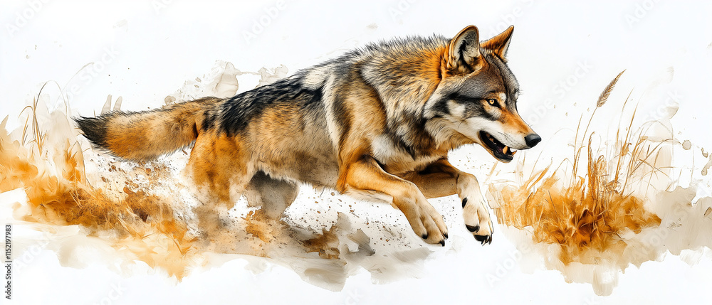 Fototapeta Wolf in Motion: A solitary wolf, its fur a symphony of grey and brown, bursts through a field of dried grasses, a captivating display of raw power and agility.