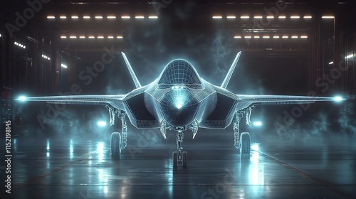 A sleek F-35 jet stands in the hangar, its wireframe hologram shimmering with glowing edges. 