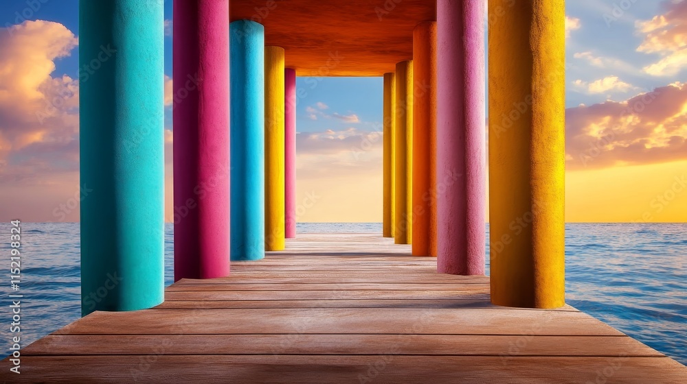 Surreal Seaside Pathway with Vibrant Pillars - A surreal dreamscape: a wooden pathway extends over tranquil ocean waters, framed by colorful pillars at sunset. Symbolizing dreams, escape, vibrancy, s Surreal Seaside Pathway with Vibrant Pillars - A surreal dreamscape: a wooden pathway extends over tranquil ocean waters, framed by colorful pillars at sunset. Symbolizing dreams, escape, vibrancy, s