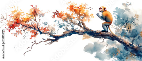 Watercolor Monkey in a Tree: A delicate and serene watercolor painting of a monkey perched on a branch, surrounded by vibrant foliage, evokes a sense of tranquility and connection with nature. 