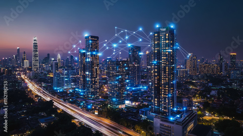 Smart digital city with connection cyber security network reciprocity over the cityscape . future smart wireless digital city and social media networking systems that connects people within the city