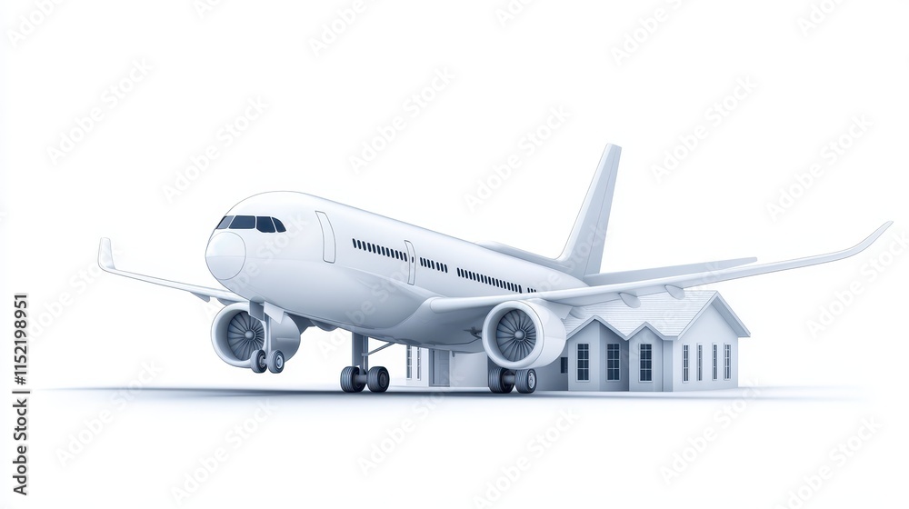 Fototapeta premium White airplane near cozy house, tranquil scene of travel and home residential