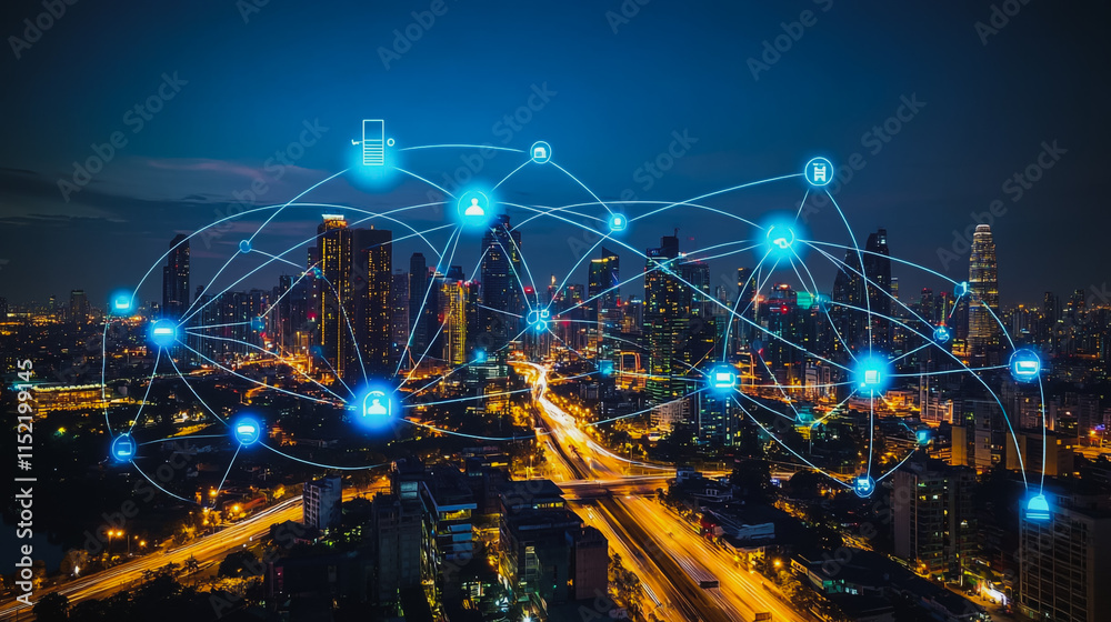 Fototapeta premium Smart digital city with connection cyber security network reciprocity over the cityscape . future smart wireless digital city and social media networking systems that connects people within the city