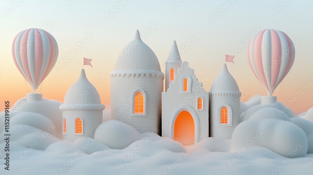 Fototapeta premium Whimsical white castle nestled in clouds with hot air balloons at sunset.