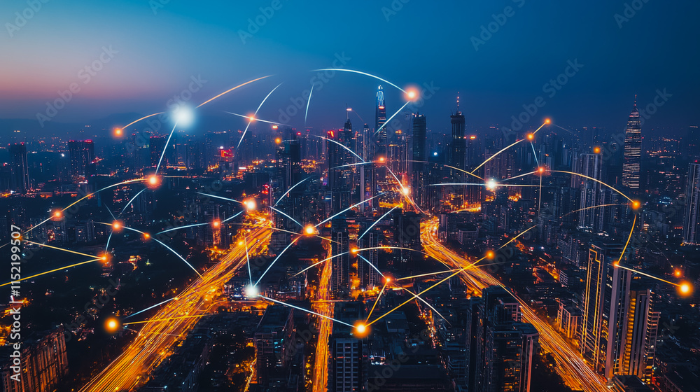 Fototapeta premium Smart digital city with connection cyber security network reciprocity over the cityscape . future smart wireless digital city and social media networking systems that connects people within the city