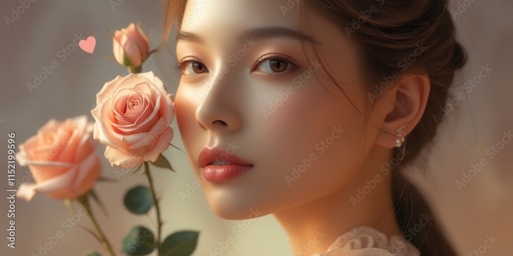Fototapeta premium A woman with a rose in her hand. The roses are pink and the woman is wearing makeup