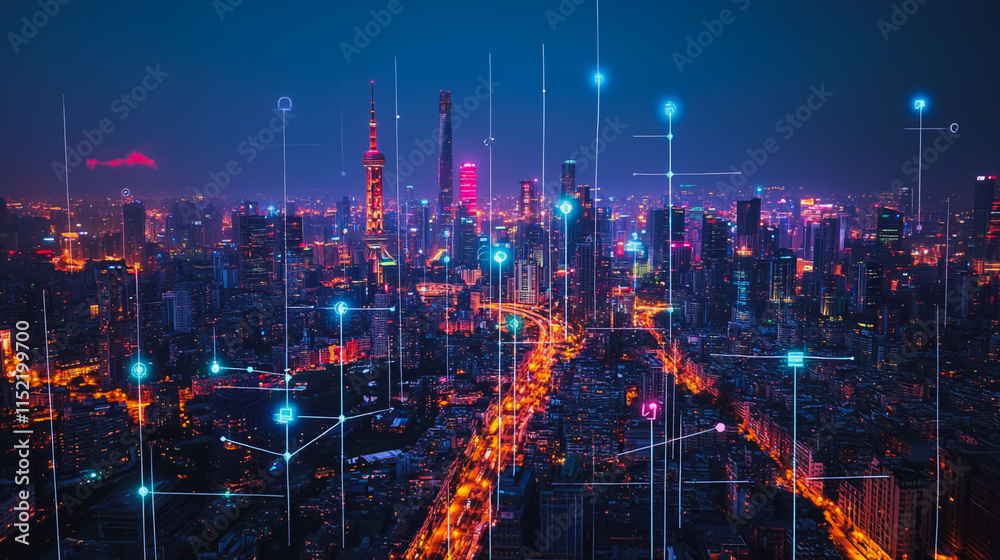 Fototapeta premium Smart digital city with connection cyber security network reciprocity over the cityscape . future smart wireless digital city and social media networking systems that connects people within the city