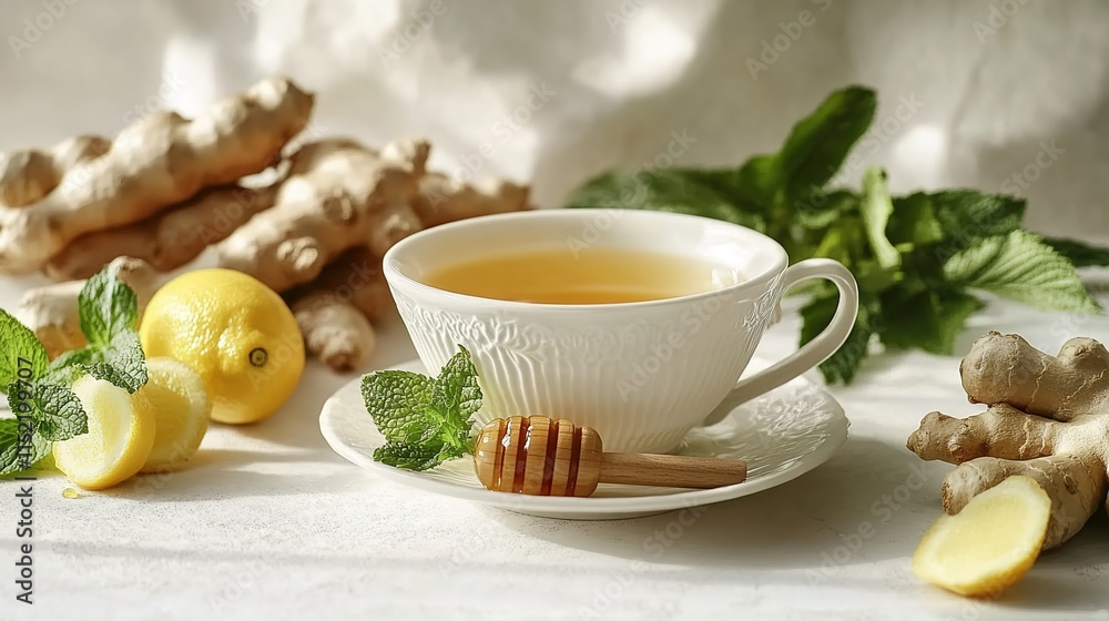 A cup of ginger tea with honey and lemon, mint leaves on a white tabletop A cup of ginger tea with honey and lemon, mint leaves on a white tabletop