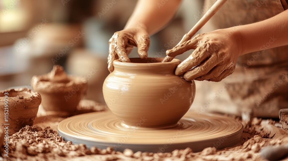 Skilled Hands Molding Clay into a Pot on a Pottery Wheel, Crafting and Creativity in Action. Skilled Hands Molding Clay into a Pot on a Pottery Wheel, Crafting and Creativity in Action.