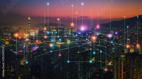 Wallpaper Mural Smart digital city with connection cyber security network reciprocity over the cityscape . future smart wireless digital city and social media networking systems that connects people within the city Torontodigital.ca