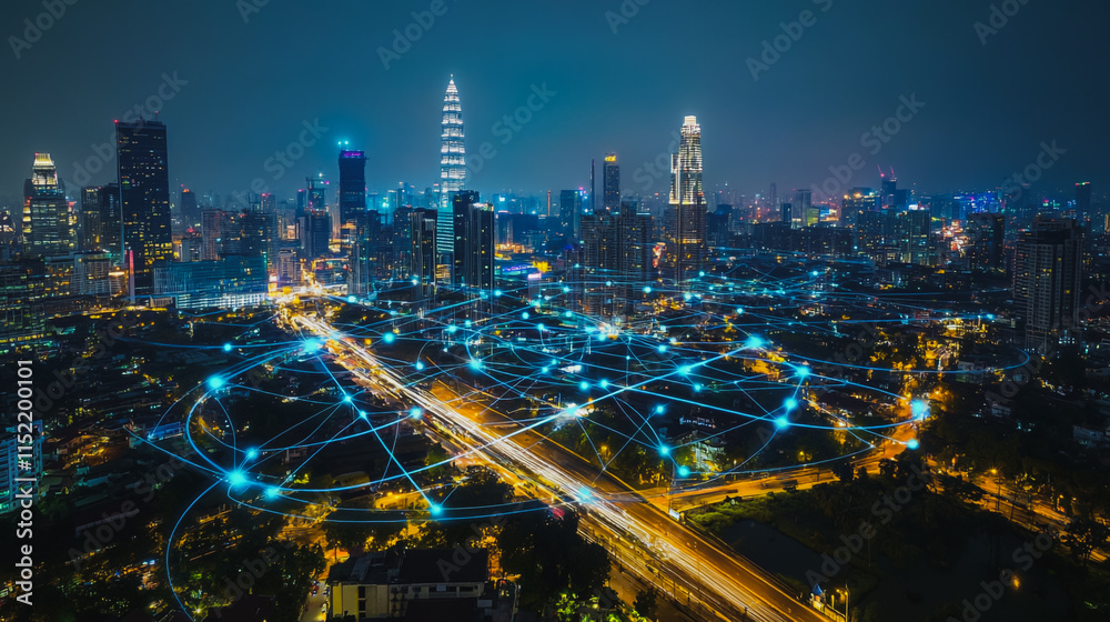 Fototapeta premium Smart digital city with connection cyber security network reciprocity over the cityscape . future smart wireless digital city and social media networking systems that connects people within the city