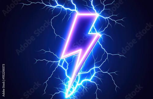 Neon lightning bolt with electric blue sparks on black background