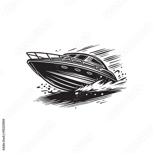 Speed Boat silhouette, Powerboat, Motorboat vector illustration.  