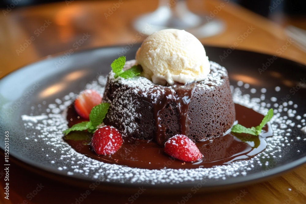 Delicious Chocolate Lava Cake with Vanilla Ice Cream and Strawberries Delicious Chocolate Lava Cake with Vanilla Ice Cream and Strawberries
