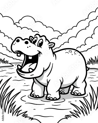  Cartoon Hippo in Water with Clouds Above photo