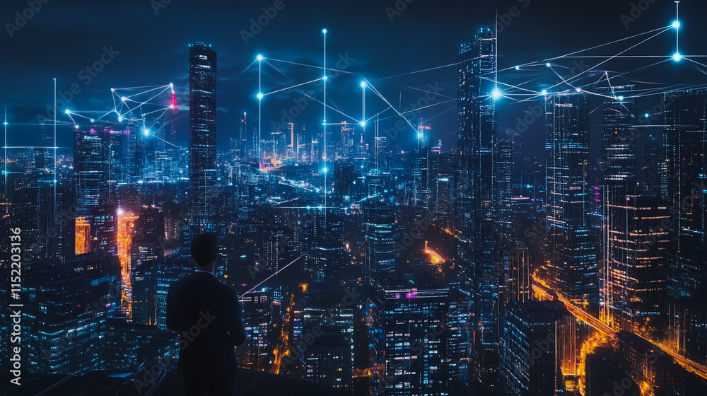 Fototapeta premium Smart digital city with connection cyber security network reciprocity over the cityscape . future smart wireless digital city and social media networking systems that connects people within the city