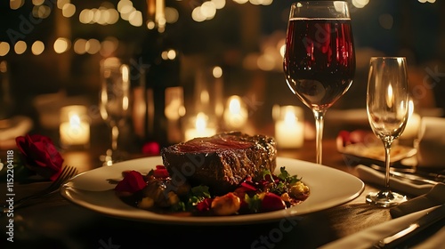 An upscale steakhouse with Valentine's dinner served amid rich dark tones, flickering candles and couples enjoying gourmet meals with paired wines