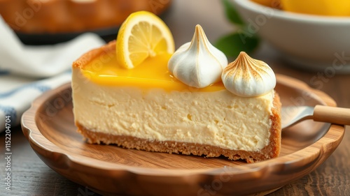 Delicious lemon cheesecake slice garnished with meringue peaks and lemon slice on a wooden plate