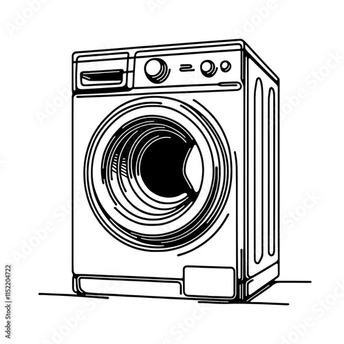 Minimalist washing machine line drawing on white background.