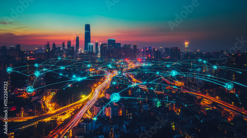 Wallpaper Mural Smart digital city with connection cyber security network reciprocity over the cityscape . future smart wireless digital city and social media networking systems that connects people within the city Torontodigital.ca