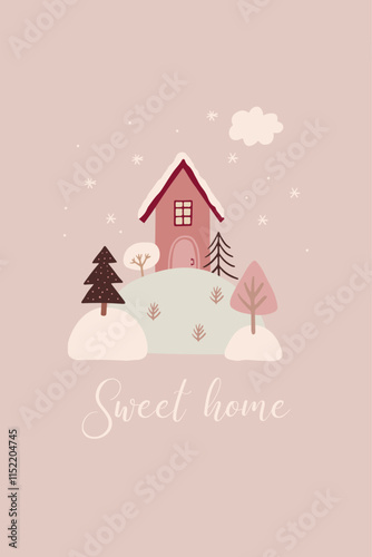 Print for Christmas cards with cute hand drawn winter trees, house, and snow. Vector illustration