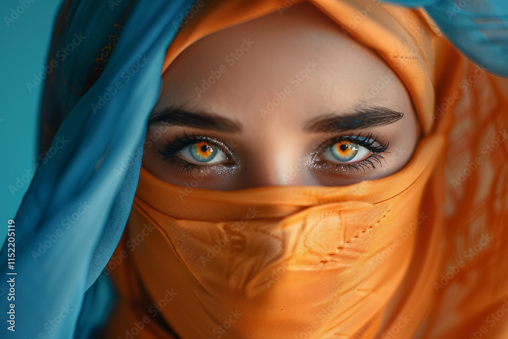 Naklejka premium Portrait of a young beautiful islamic arabic woman in swimming pool generative AI