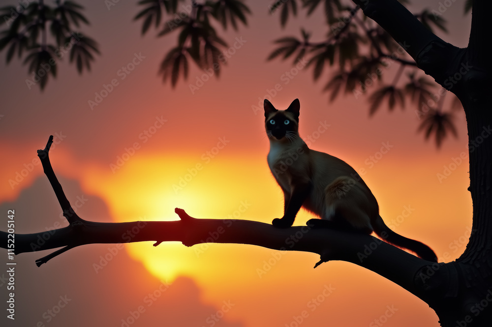 Silhouette of siamese cat perched on tree branch at sunset Silhouette of siamese cat perched on tree branch at sunset