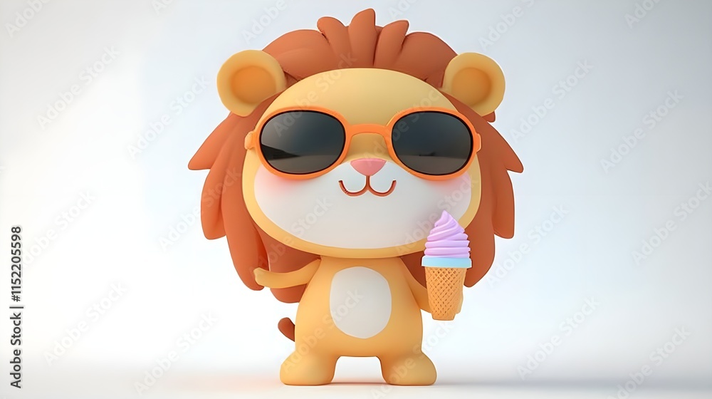 Cute Adorable Little Lion Character Enjoying Ice Cream in Watercolor Style Cute Adorable Little Lion Character Enjoying Ice Cream in Watercolor Style