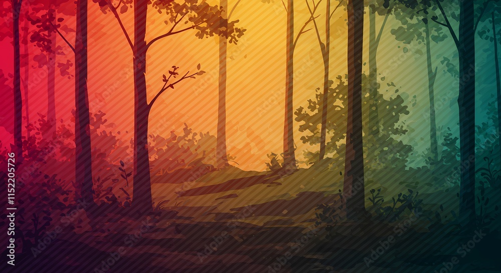 Fototapeta premium Abstract Line Art of Trees & Forest, Wooded Nature Outdoor Landscape, Modern Art, Messy Colorful Design