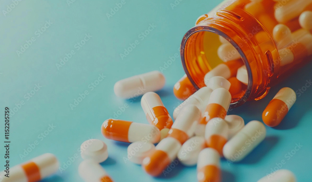 custom made wallpaper toronto digitalclose up of orange and white pills spilling out from an open bottle on blue background with copy space,