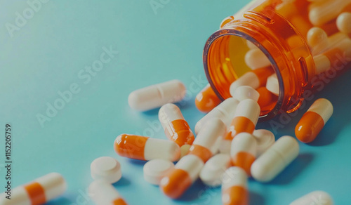 Wallpaper Mural close up of orange and white pills spilling out from an open bottle on blue background with copy space, Torontodigital.ca