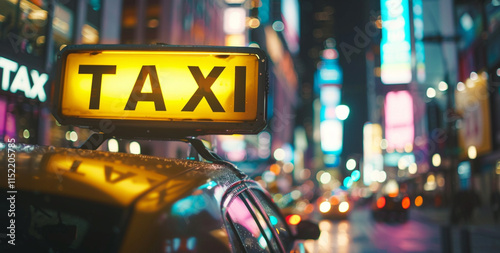 Wallpaper Mural close up of yellow taxi sign on top car in the street at night, focus is on "TAXI" text a Torontodigital.ca