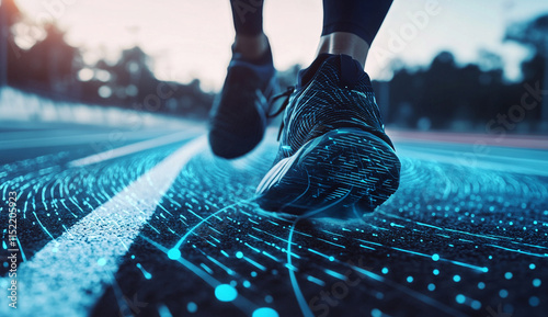 Wallpaper Mural Close-up of a runner's shoe on a track with digital wave visualizations, motion graphic effects, and a blue and Torontodigital.ca