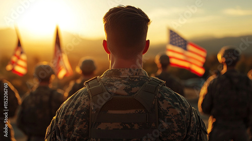 Create a powerful and patriotic scene of a soldier standing in silhouette, facing an American flag waving