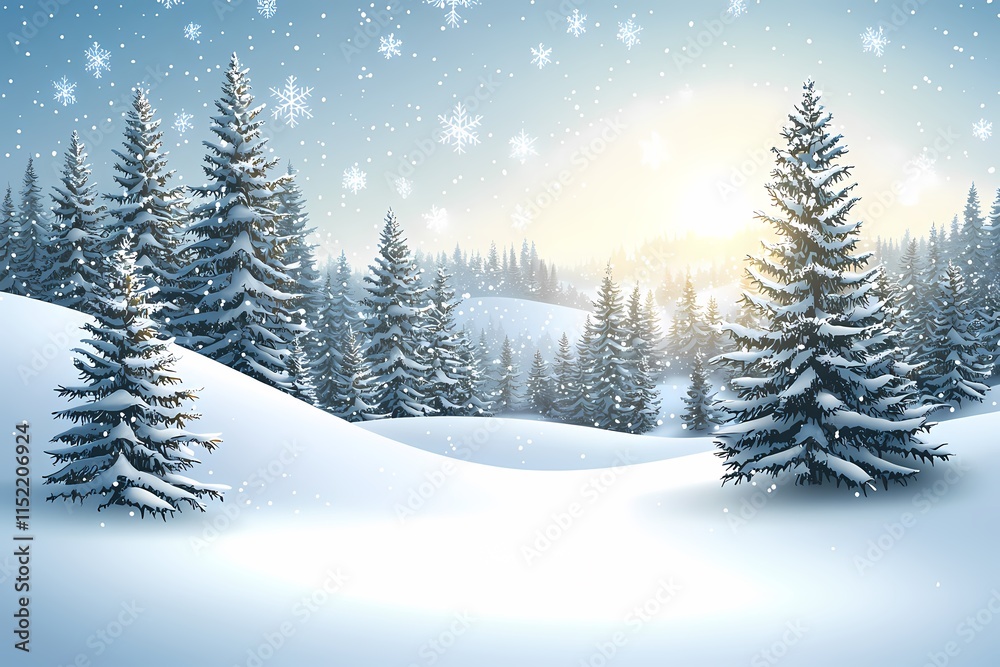 Fototapeta premium Winter Wonderland with Snowy Trees and Soft Sunlight Glowing