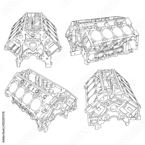 Engine block sketch. Vector illustration. Wire-frame style. The layers of visible and invisible lines are separated