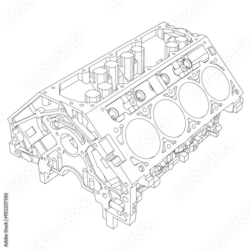 Engine block sketch. Vector illustration. Wire-frame style. The layers of visible and invisible lines are separated