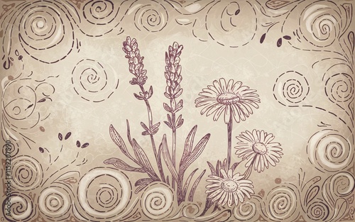 Wallpaper Mural Vintage floral illustration with lavender and daisies on textured background. Torontodigital.ca