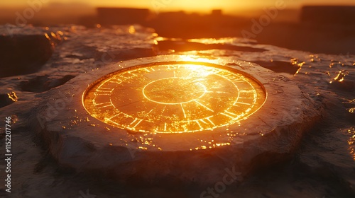 Sunlit ancient stone clock embedded in rock at sunset. photo